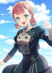  1girl annette_fantine_dominic aqua_eyes blush breasts clenched_hands clouds day fire_emblem fire_emblem:_three_houses garreg_mach_monastery_uniform hair_rings highres juliet_sleeves long_sleeves looking_at_viewer medium_breasts open_mouth orange_hair outdoors puffy_sleeves sephikowa sky solo twitter_username 