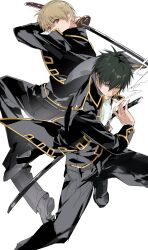  2boys absurdres black_hair blonde_hair cigarette commentary_request gintama highres hijikata_toushirou holding holding_sword holding_weapon male_focus messy_hair military_uniform multiple_boys okita_sougo police police_uniform red_eyes shinsengumi_(gintama) smoke smoke_trail smoking spiky_hair sword weapon yumyu 