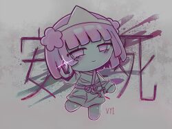  1girl bags_under_eyes bob_cut character_name cixx0n closed_mouth colored_skin commentary empty_eyes flower gem ghost ghost_girl grey_background hair_flower hair_ornament holding holding_gem japanese_clothes kimono looking_at_viewer pepoyo_(copyright) pink_eyes pink_flower pink_hair pink_ribbon pink_sash ribbon sash short_hair smile solo splatter text_background triangular_headpiece vocaloid vy1 white_kimono white_skin 
