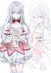 1girl bang_dream! bang_dream!_our_notes blue_eyes bubble_skirt chinese_commentary choker commentary_request cosplay cowboy_shot gloves grey_hair hair_ornament hairclip hands_up highres kaname_madoka kaname_madoka_(cosplay) kaname_madoka_(magical_girl) long_hair looking_at_viewer magical_girl mahou_shoujo_madoka_magica mahou_shoujo_madoka_magica_(anime) multiple_views nyauu own_hands_together puffy_short_sleeves puffy_sleeves red_choker shiomi_hotaru short_sleeves skirt standing white_background white_gloves 