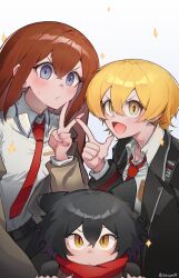  3girls artist_name black_hair black_jacket black_pants blonde_hair blue_eyes blush brown_coat brown_hair coat collared_shirt don_quixote_(project_moon) double-parted_bangs dungeon_meshi finger_gun hair_between_eyes highres izutsumi jacket jeehyung_seo l_hand limbus_company long_hair long_sidelocks looking_at_viewer makise_kurisu multiple_girls necktie open_clothes open_jacket pants project_moon red_necktie scarf science_adventure shirt short_hair sidelocks sparkle steins;gate two-tone_background v v-shaped_eyebrows white_shirt yellow_eyes yellow_scarf 