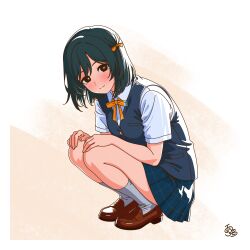  1girl absurdres black_eyes black_hair black_jacket black_skirt blush border bow bowtie bright_pupils brown_shoes closed_mouth collared_shirt commentary hair_bow hand_on_own_knee head_tilt highres jacket kneehighs legs_folded legs_together light_smile loafers looking_at_viewer love_live! love_live!_nijigasaki_high_school_idol_club mifune_shioriko penny_loafers pleated_skirt shirt shoes short_hair short_sleeves signature simple_background skirt socks solo squatting untranslatable_commentary uyu1023 white_border white_pupils white_shirt yellow_bow yellow_bowtie 