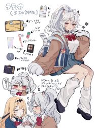  >_< 1girl :d :o ;o absurdres alternate_universe animal_charm animal_ears animal_hands animal_print applying_another's_makeup applying_makeup bag bag_charm black_choker black_claws black_hairband black_undershirt blonde_hair blue_cardigan blush bow bowtie breasts brown_cardigan cardigan cat_ear_smartphone_case cat_ears cat_girl cellphone charm_(object) chibi choker clutch_purse commentary_request contemporary cosmetics exploded_cosmetics flower green_skirt hair_flower hair_ornament hairband half-closed_eyes hand_on_own_face handbag heart high_ponytail highres holding holding_brush holding_makeup_brush karunabaru ladica_(shadowverse) leg_warmers lipstick_tube loafers looking_at_viewer lotion makeup_brush makeup_palette one_eye_closed open_cardigan open_clothes phone pointing_out_the_details ponytail product_placement red_bow red_bowtie red_eyes red_flower school_bag school_uniform shadowverse shoes sitting skirt sleeves_past_wrists smartphone smartphone_case smile smug solo striped_tail sunscreen tail tearing_up tetra_(shadowverse) tiger_print tiger_tail translated undershirt wallet wavy_mouth white_hair white_leg_warmers 