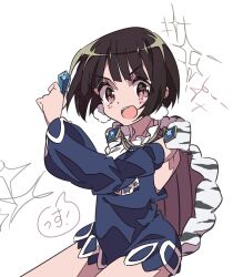  1girl black_hair blue_dress blue_gem boro_(tn-boro) cape commentary_request detached_sleeves dress fur_cape gem holding holding_gem lapis_lazuline magical_girl mahou_shoujo_ikusei_keikaku mahou_shoujo_ikusei_keikaku_restart open_mouth pink_eyes puffy_sleeves short_hair sparkle speech_bubble translation_request white_background 
