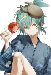 1boy aqua_eyes aqua_hair beetle_hair_ornament blue_kimono candy_apple closed_mouth commentary_request expressionless food grey_background hand_up heterochromia highres holding holding_candy_apple holding_food japanese_clothes kimono knee_up korean_commentary male_focus ni01zoo04 official_alternate_costume puyopuyo puyopuyo_quest red_eyes short_hair sig_(puyopuyo) sig_(yukata)_(puyopuyo) simple_background sitting solo yukata 