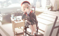  1girl :d absurdres against_table art_brush beret blonde_hair blue_ribbon blurry blurry_background braid buttons canvas_(object) chair closed_umbrella collared_shirt commentary_request cup day depth_of_field double-breasted easel elbow_rest feet_out_of_frame green_eyes green_pupils grey_jacket grey_skirt hair_ornament hair_rings half_crown_braid hat head_on_hand head_rest highres holding holding_paintbrush indie_virtual_youtuber indoors jacket kneehighs legwear_garter light_blush long_sleeves looking_at_viewer medium_hair miniskirt mug neck_ribbon on_chair open_mouth paintbrush pen_holder pinstripe_pattern pinstripe_skirt pom_pom_(clothes) pom_pom_hair_ornament qurami red_hat red_sailor_collar red_socks ribbon sailor_collar school_uniform shigure_ui_(1st_costume)_(vtuber) shigure_ui_(vtuber) shirt side_up_ring sitting skirt skirt_set sleeve_cuffs smile socks solo striped_clothes striped_skirt table teeth umbrella upper_teeth_only vertical-striped_clothes vertical-striped_skirt virtual_youtuber white_shirt 