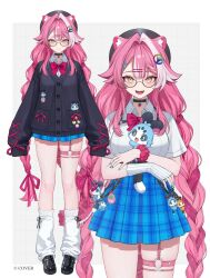  1girl arm_warmers black_arm_warmers black_choker black_shoes blue_skirt bow bowtie braid breasts choker closed_mouth commentary_request english_commentary full_body glasses hair_ribbon hololive hololive_english large_breasts leg_warmers loafers long_hair long_sleeves looking_at_viewer mixed-language_commentary multicolored_hair multiple_views nekojira o-ring o-ring_thigh_strap official_alternate_costume official_art open_mouth panther_girl panther_tail pink_bow pink_bowtie pink_hair pink_ribbon raora_panthera raora_panthera_(4th_costume) ribbon school_uniform scrunchie shirt shoes short_sleeves single_arm_warmer skirt smile standing tail thigh_strap twin_braids very_long_hair virtual_youtuber white_arm_warmers white_hair white_leg_warmers white_shirt wing_collar wrist_scrunchie yellow_eyes 