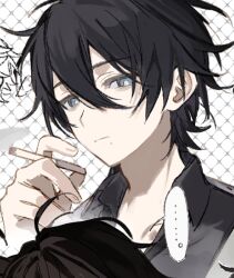  ... 1boy ahoge black_hair black_shirt blue_eyes chain-link_fence cigarette closed_mouth collared_shirt enshiken0922 fence grey_shirt hair_between_eyes holding holding_cigarette looking_at_viewer male_focus original shirt short_hair smoke smoking speech_bubble spoken_ellipsis white_background 