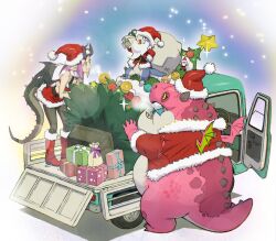  2boys aqua_car belt belt_buckle black_belt black_eyes black_horns black_wings boots box buckle car christmas_ornaments christmas_present christmas_tree colored_sclera commentary crop_top dragon dragon_boy dragon_girl dragon_girl_(urasato) dragon_horns dragon_tail dragon_wings dress fur-trimmed_boots fur-trimmed_headwear fur-trimmed_shirt fur-trimmed_skirt fur_trim furry furry_male gift gift_box grin hat highres holding holding_sack horns kei_truck knee_boots leaning_forward looking_at_another mini_wings motor_vehicle multiple_boys on_truck open_mouth original pickup_truck pointy_ears purple_hair red_boots red_dress red_hat red_shirt red_skirt sack santa_costume santa_hat sharp_teeth shirt short_hair skirt smile sparkle standing tail teeth tree-topper truck urasato violet_eyes wings yellow_sclera 