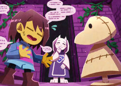  1girl 1other :3 absurdres animal_ears barefoot blue_shorts blue_sweater blush boots brown_boots brown_hair closed_eyes closed_mouth colored_skin commentary_request delta_rune_(symbol) dummy_(undertale) flying_sweatdrops frisk_(undertale) furry furry_female highres horns long_sleeves open_mouth plant short_hair shorts smile speech_bubble sweat sweater toriel undertale utdr_(toby_fox) vines watawata22 yellow_skin 