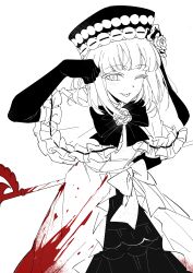  1girl :p ;p absurdres arm_behind_back arm_up black_gloves black_hat blood blood_on_clothes blood_on_weapon blood_splatter bow bowtie capelet chinese_commentary clenched_hand commentary_request dress dress_bow elbow_gloves eva_beatrice flower frilled_capelet frilled_skirt frills gloves hat hat_flower highres lingren looking_at_viewer medium_hair one_eye_closed partially_colored rose skirt spot_color tongue tongue_out umineko_no_naku_koro_ni weapon 