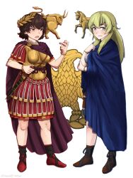 2girls armor blonde_hair blue_cloak bracelet brown_eyes brown_hair caesar_(girls_und_panzer) cape carpaccio_(girls_und_panzer) cloak closed_mouth girls_und_panzer green_eyes hand_on_own_elbow hand_up highres jewelry laurel_crown long_hair looking_to_the_side multiple_girls open_mouth pharaohetcaesar red_cape roman_armor short_hair sword weapon white_background 