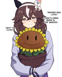  1girl absurdres animal_ears blush bow bowtie braid braided_sidelocks brown_hair closed_mouth commentary_request curren_bouquetd'or_(umamusume) ear_covers flower flower_pot flower_with_face grey_eyes hair_between_eyes hair_ornament hairband highres holding holding_flower_pot horse_ears horse_girl long_hair long_sleeves looking_at_viewer low_twin_braids mismatched_ear_covers morinoritoriori multicolored_hair open_mouth plant plants_vs._zombies purple_serafuku purple_shirt purple_skirt sailor_collar sailor_shirt school_uniform sentient_plant serafuku shirt sidelocks simple_background skirt smile streaked_hair sunflower sunflower_(plants_vs._zombies) tracen_school_uniform twin_braids umamusume very_long_braid white_bow white_bowtie white_hairband white_streaks winter_uniform 