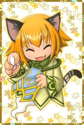  1girl ^_^ animal_ears animal_hands blonde_hair cat_ears cat_girl cat_tail closed_eyes collar deviroom dress emil_chronicle_online fang flipped_hair ghost_girl ghost_tail green_collar green_dress highres nekomata_yamabuki smile solo tail white_background 