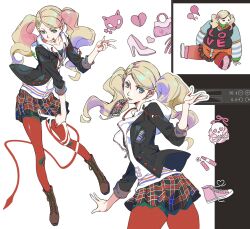  1girl art_program_in_frame bag black_jacket blonde_hair blue_eyes boots breasts brown_boots card_in_mouth cat_mask commentary_request cowboy_shot fat full_body hair_ornament hairclip handbag high_heels highres holding holding_whip hood hood_down hoodie jacket jacket_over_hoodie mask medium_breasts miniskirt mouth_hold multiple_views pantyhose parted_lips persona persona_5 pink_shoes plaid_clothes plaid_skirt pleated_skirt red_pantyhose red_skirt shoes skirt skull_and_crossbones solo swept_bangs takamaki_ann tongue tongue_out twintails v whip white_hoodie zhuozhuozhuo 