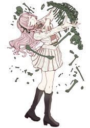  1girl absurdres bang_dream! bang_dream!_our_notes black_boots black_hairband bone boots chinese_commentary closed_eyes closed_mouth commentary_request dancing full_body grey_jacket grey_skirt hairband high_heel_boots high_heels highres izumi_houka jacket jewelry knee_boots long_hair long_sleeves memoikochi midriff miniskirt necklace pink_hair pleated_skirt red_shirt shirt skeleton skirt smile solo standing white_background 