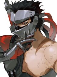  1boy arm_up black_hair blackwatch_genji commentary cyborg genji_(overwatch) highres holding holding_shuriken holding_weapon male_focus orang_0182 overwatch pectorals red_eyes scar scar_on_shoulder short_hair shuriken simple_background solo sword sword_on_back thick_eyebrows upper_body very_short_hair weapon weapon_on_back white_background 