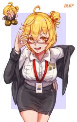  1girl adjusting_eyewear ahoge alternate_costume bleparts blonde_hair don_quixote_(project_moon) donquixote_rocinante formal_clothes glasses hair_bun highres id_card limbus_company long_hair looking_at_viewer off_shoulder open_mouth pencil_skirt project_moon simple_background skirt solo 