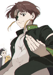  2boys chinese_clothes closed_mouth earrings eyepatch floating_hair furin_high_school_uniform highres jacket jewelry looking_at_viewer male_focus multicolored_hair multiple_boys open_clothes open_jacket school_uniform shirt short_hair simple_background soul_(tamashii) split-color_hair suo_hayato t-shirt tangzhuang tassel tassel_earrings twitter_username two-tone_hair white_background white_shirt wind_breaker_(nii_satoru) 