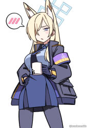 1girl animal_ear_fluff animal_ears armband blonde_hair blue_archive blue_eyes blue_halo blue_skirt blush breasts chestnut_mouth commentary cup dog_ears dog_girl extra_ears gloves hair_over_one_eye halo highres holding holding_cup jacket kanna_(blue_archive) long_hair long_sleeves multiple_girls police police_uniform policewoman purple_armband skirt solo tsunderemaids 