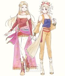  2girls belt blonde_hair blue_shirt boots breasts cape celes_chere celes_chere_(cosplay) closed_mouth commentary_request cosplay costume_switch cropped_vest detached_sleeves dress earrings ff14hioo_oo7 final_fantasy final_fantasy_vi fringe_trim full_body gold_trim gradient_cape hair_ornament hair_ribbon hairclip jewelry korean_commentary long_hair medium_breasts multiple_girls pants pantyhose parted_bangs parted_lips pink_cape pink_eyes pink_ribbon ponytail print_pantyhose red_belt red_boots red_dress red_sleeves ribbon sash shirt short_dress standing strapless strapless_dress terra_branford terra_branford_(cosplay) tube_dress vest waist_sash white_background white_boots yellow_cape yellow_pants yellow_sleeves yellow_vest 