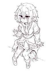  1girl :/ blush closed_mouth full_body greyscale highres looking_at_viewer mary_janes medium_hair mizuhashi_parsee monochrome pointy_ears rampa93 sash scarf shirt shoes sitting skirt socks solo touhou waist_sash 