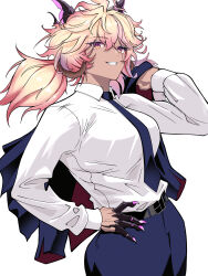  1girl absurdres animal_ears black_pants blonde_hair collared_shirt commentary cyborg dark-skinned_female dark_skin english_commentary grin highres hikkio indie_virtual_youtuber koko_d._nuts long_hair looking_at_viewer mechanical_arms monkey_ears monkey_girl multicolored_hair necktie office_lady pants pink_eyes pink_hair scar scar_across_eye scar_on_face shirt single_mechanical_arm smile solo twintails virtual_youtuber white_background white_shirt 