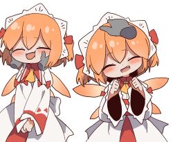  1girl 1other ascot blush bow closed_eyes commentary disembodied_hand facing_viewer fairy fairy_wings hair_bow hands_on_another's_cheeks hands_on_another's_face headdress headpat highres korean_commentary long_sleeves magg_(user_mtca8588) medium_hair orange_hair orange_wings red_bow red_skirt shirt simple_background skirt sunny_milk touhou white_background white_shirt wide_sleeves wings yellow_ascot 
