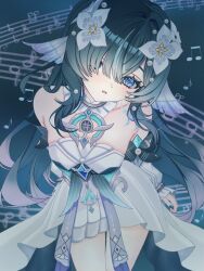  1girl aqua_hair aqua_sleeves bare_shoulders blue_eyes blush breasts choker collar commentary_request cowboy_shot detached_collar detached_sleeves dress fins flower genshin_impact grey_choker hair_flower hair_intakes hair_ornament hair_over_one_eye head_fins highres long_hair looking_at_viewer medium_breasts parted_lips pearl_hair_ornament puffy_detached_sleeves puffy_sleeves rea_0523 sidelocks simple_background solo very_long_hair vodyanitsa_(genshin_impact) white_collar white_dress white_flower white_sleeves 