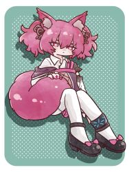  1girl animal_ear_fluff animal_ears anklet arknights black_shoes border bright_pupils commentary_request deformed drop_shadow expressionless fox_ears fox_girl fox_tail full_body green_background hair_ribbon hand_on_own_tail highres infection_monitor_(arknights) jewelry medium_hair nunnuje_a_u_e pantyhose pink_hair pink_nails pink_ribbon polka_dot polka_dot_background ribbon shamare_(arknights) shoes solo tail white_border white_pantyhose white_pupils 