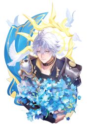  1boy absurdres antenna_hair arm_guards armor beak belt bird bird_wings black_belt black_choker black_shirt blue_cape blue_eyes blue_flower bouquet bright_pupils cape chest_belt choker closed_mouth coat collarbone collared_shirt commentary dove english_commentary feathered_wings floating_cape flower grey_hair hair_between_eyes halo halo_behind_head high_collar highres holding holding_bouquet honkai:_star_rail honkai_(series) lips long_sleeves looking_at_viewer male_focus neck_tattoo phainon_(honkai:_star_rail) seazico shirt short_hair shoulder_armor simple_background smile solo sun_symbol sun_tattoo tattoo two-sided_cape two-sided_fabric upper_body white_background white_coat white_pupils wings yellow_cape yellow_halo 