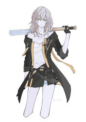  1girl absurdres artist_name badge baseball_bat belt black_belt black_gloves black_jacket black_skirt collarbone commentary feet_out_of_frame gloves grey_hair hair_between_eyes hand_up highres holding holding_baseball_bat honkai:_star_rail honkai_(series) jacket long_hair long_sleeves looking_afar miniskirt open_clothes open_jacket pale_skin shirt sidelocks simple_background skirt solo stelle_(honkai:_star_rail) t-shirt teeth thigh_strap trailblazer_(honkai:_star_rail) two-sided_fabric two-sided_jacket untranslatable_commentary white_background white_shirt yellow_eyes yellow_jacket yyyyy_kkkmm 