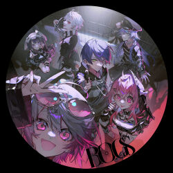  3boys 3girls :d :p absurdres ahoge aiming aiming_at_viewer akanbe album_cover animal_hat ankle_cuffs bandaged_hand bandaged_neck bandages barefoot black_collar black_hair black_hat black_pants black_shirt black_shorts black_skirt blue_eyes blue_hair blue_streaks breasts chain closed_mouth collar commentary copyright_notice cover crossed_bangs cuffs double-parted_bangs ear_piercing eyelid_pull eyewear_on_head finger_to_eye fingerless_gloves fisheye from_above from_side full_body gloves green_eyes grin group_name gun hair_between_eyes hair_ornament hairclip hand_on_own_face handcuffs handgun hat highres holding holding_gun holding_weapon hood hood_down hoodie hoshirube_sho index_finger_raised indoors kenmochi_touya key kneeling kuzuha_(nijisanji) l_hand leg_tattoo long_hair long_sleeves looking_at_viewer mole mole_under_eye multicolored_hair multiple_boys multiple_girls mura_karuki nail_polish nijisanji number_tattoo official_alternate_costume official_art open_hand open_mouth pants piercing pink-tinted_eyewear pink_eyes pink_hair pink_nails pointing pointing_at_viewer pointy_ears police_hat prison prison_cell prison_clothes purple_hair rabbit_hat red_eyes sasaki_saku second-party_source shiina_yuika shirt short_hair short_shorts shorts skirt smile song_name standing streaked_hair striped_clothes striped_gloves striped_hoodie striped_pants striped_shirt sunglasses tattoo thigh_strap tinted_eyewear tongue tongue_out triangle_hair_ornament tsukino_mito turtleneck turtleneck_shirt two_side_up v virtual_youtuber weapon white_hair white_hat 