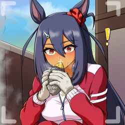  ! 1girl animal_ears black_hair blush breasts commentary_request dark-skinned_female dark_skin ear_scrunchie eating food gloves gym_shirt hair_between_eyes hair_ornament hairclip highres hishi_amazon_(umamusume) holding holding_food horse_ears horse_girl jacket korean_commentary large_breasts long_hair looking_at_viewer pants red_eyes red_jacket red_pants red_scrunchie red_track_suit roasted_sweet_potato rottenorang scrunchie shirt solo squatting striped_clothes striped_scrunchie sweet_potato tracen_training_uniform track_jacket track_pants track_suit umamusume very_long_hair viewfinder white_gloves white_shirt 