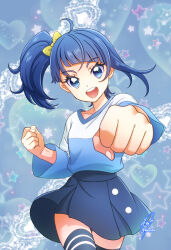  1girl artist_name blue_background blue_eyes blue_hair blue_shirt blue_skirt blue_theme blue_thighhighs bow burafu_maru casual cowboy_shot cut_bangs doily foreshortening hair_bow heart highres hirogaru_sky!_precure long_sleeves looking_at_viewer medium_hair miniskirt open_mouth pleated_skirt precure punching shirt side_ponytail signature single_sidelock skirt smile solo sora_harewataru standing star_(symbol) t-shirt thigh-highs twitter_username two-tone_shirt white_shirt yellow_bow 
