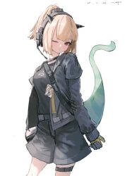  1girl arknights black_gloves black_jacket black_shirt black_shorts blonde_hair breasts commentary_request cosplay cowboy_shot dated dragon_girl dragon_horns dragon_tail gloves headset highres horns id_card jacket jessica_(arknights) jessica_(arknights)_(cosplay) long_hair long_sleeves looking_at_viewer medium_breasts one_eye_closed open_clothes open_jacket ponytail pppmepl red_eyes shirt shorts signature simple_background solo tail thigh_strap two-sided_gloves vanilla_(arknights) white_background yellow_gloves 