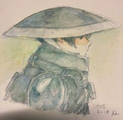  1girl black_hair closed_mouth from_side hat highres made_in_abyss multicolored_hair ozen papipup0 rice_hat short_hair signature solo traditional_media two-tone_hair watercolor_pencil_(medium) whistle white_hair 