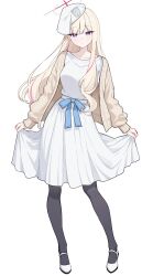  1girl absurdres beret black_pantyhose blonde_hair blonde_student_council_president_(blue_archive) blue_archive blue_ribbon cardigan casual chinese_commentary collarbone commentary_request full_body halo hat highres holding_own_skirt long_hair looking_at_viewer multicolored_hair multicolored_halo open_cardigan open_clothes pantyhose pink_streaks red_halo ribbon shirt shirt_tucked_in simple_background skirt solo standing streaked_hair two-tone_halo violet_eyes white_background white_halo white_hat white_shirt white_skirt xingyun_fankic yellow_cardigan 