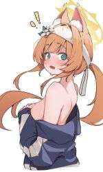  ! !! 1girl @_@ absurdres animal_ear_fluff animal_ears bare_shoulders blue_archive commentary_request covering_one_breast covering_privates fang flower gym_uniform hair_flower hair_ornament hairband halo highres jacket korean_commentary mangotonic mari_(blue_archive) mari_(track)_(blue_archive) multicolored_jacket official_alternate_costume orange_hair simple_background solo sweatdrop track_jacket two-tone_jacket white_flower white_hairband yellow_halo 