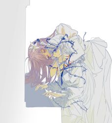  2girls bang_dream! bang_dream!_our_notes chinese_commentary closed_eyes commentary_request cowboy_shot dress e-fa-dorn flower hair_flower hair_ornament highres hug instrument izumi_houka leaning_to_the_side long_hair long_sleeves multiple_girls piano plant profile shiomi_hotaru simple_background sitting thorns vines white_background white_dress white_hair yuri 