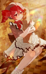  1girl absurdres ahoge apron back_bow bag baguette beret black_trim blush blush_stickers border bow bread brown_hat brown_shirt checkered_floor commentary_request double-parted_bangs drill_hair feet_out_of_frame food frilled_skirt frills hair_between_eyes hat heart highres holding holding_bag holding_bread holding_food kasane_teto kasane_teto_(noodle_stopper)_(bakery) keicha_(k_keicha_) knees light_particles light_rays maid_apron neckerchief official_alternate_costume ornate_border outside_border red_eyes red_hair red_neckerchief shirt short_sleeves signature skirt solo tile_floor tiles twin_drills utau white_apron white_skirt wrist_cuffs yellow_background 