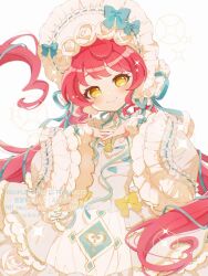  1girl blue_ribbon bonnet chinstrap closed_mouth commentary dress flower frilled_bonnet frilled_dress frilled_sleeves frills hair_flower hair_ornament hair_ribbon haru_(haru1bc6c4) highres interlocked_fingers lolita_fashion long_hair long_sleeves low_twintails own_hands_together pretty_series pripara red_hair ribbon ribbon-trimmed_sleeves ribbon_trim shiratama_mikan smile solo twintails untranslatable_commentary very_long_hair white_bonnet white_dress wide_sleeves yellow_eyes 