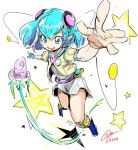1girl badge bangs blue_eyes blue_footwear blue_hair dated dress fingerless_gloves flat_chest foreshortening full_body gapangman gloves hagoromo_lala hair_ornament heart heart_hair_ornament jacket jumping looking_at_viewer medium_hair multicolored_hair no_nose open_mouth outstretched_hand pointy_ears precure rocket_ship shadow short_dress short_sleeves signature silver_dress smile socks solo spacecraft star_(symbol) star_twinkle_precure teeth two-tone_hair ufo upper_teeth white_background yellow_jacket yellow_socks