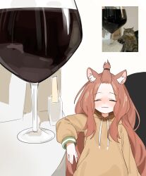  1girl :3 absurdres alcohol animal_ear_fluff animal_ears bangs_pinned_back blush brown_hair cat cat_ears cat_girl commentary cup drinking_glass drunk forehead highres hood hoodie imasalmonboi long_hair meme oversized_object photo_inset sakai_aruko solo stepan_the_cat_(meme) topknot untranslatable_commentary wine_glass yani_neko 