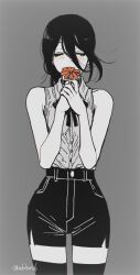  1girl blush bow chainsaw_man closed_eyes commentary_request curvy flower hair_bun highres kodohuri36_c monochrome reze_(chainsaw_man) short_shorts shorts sleeveless smelling smelling_flower solo tagme thigh-highs 