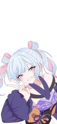  1girl blue_eyes cho_kaguya-hime! colored_inner_hair commentary_request grey_hair highres kai922034579594 long_hair long_sleeves looking_at_viewer multicolored_hair nail_polish open_mouth pink_hair purple_nails runami_yachiyo runami_yachiyo_(fanatic_omatsuri_girl) runami_yachiyo_(tsukuyomi) simple_background solo twintails white_background 