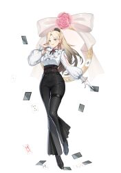  1girl absurdres ace_(playing_card) ace_of_hearts ace_of_spades arm_cutout bell-bottoms black_boots black_flower black_hair black_pants black_ribbon black_rose blonde_hair blue_eyes boots bow breasts card circle closers clothing_cutout earrings five_of_spades flower frilled_shirt frills full_body gloves gradient_hair grin hair_flower hair_ornament hand_up harpy_(closers) heart high-waist_pants highres holding holding_card jewelry large_breasts long_hair long_sleeves looking_at_viewer mole mole_under_eye multicolored_hair neck_flower neck_ribbon nine_of_clubs official_art pants pink_flower pink_rose playing_card ponytail puffy_long_sleeves puffy_sleeves ribbon rose shirt shirt_tucked_in six_of_diamonds smile solo spade_(shape) standing standing_on_one_leg tachi-e teardrop_earrings ten_of_hearts thigh_strap three_of_spades transparent_background white_bow white_gloves white_shirt 