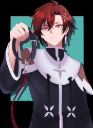  1boy absurdres ahoge alternate_costume b1ank_vi0 bishounen black_collar black_shirt closed_mouth collar cowboy_shot earrings hair_ornament hairclip highres holding holding_leash holostars holostars_english jewelry leash looking_at_viewer machina_x_flayon male_focus priest red_eyes red_hair shirt short_hair single_earring solo virtual_youtuber x_hair_ornament 