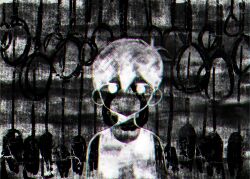 1boy absurdres antenna_hair chinese_commentary commentary_request double-parted_bangs greyscale hair_behind_ear hair_between_eyes highres looking_at_viewer makucrp male_focus monochrome noose omori omori_(omori) short_hair solo spoilers tank_top upper_body 