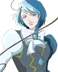  1girl 2ge1om ace_attorney black_vest blue_hair bow bowtie commentary earrings floating_earrings franziska_von_karma grey_eyes highres holding holding_whip jewelry juliet_sleeves long_sleeves mole mole_under_eye phoenix_wright:_ace_attorney_-_justice_for_all puffy_sleeves ribbon short_hair simple_background smirk untranslatable_commentary vest whip white_background white_bow white_bowtie white_ribbon 